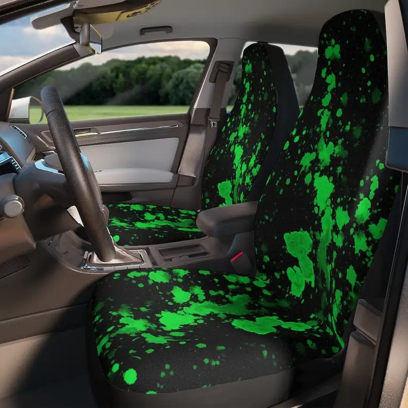 

bright neon green paint splatter print car seat covers | auto seat covers | custom car seat covers |paintsplatter