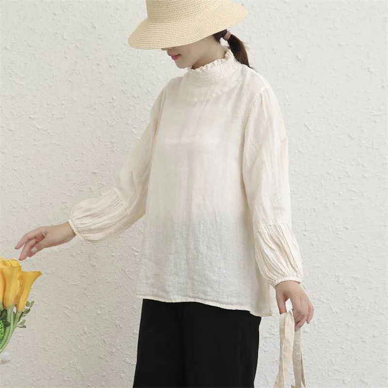 Johnature новые осенние льняные женские топы и блузки 2024 винтажные однотонные