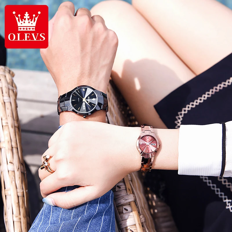 OLEVS Couple Watch Fashion Tungsten Steel Strap Top Brand Luxury Waterproof Luminous Quartz Watches Weekly Calendar Display 8697
