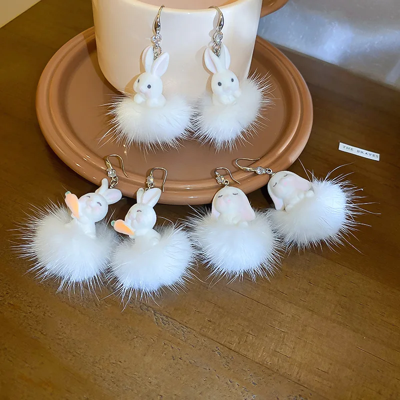

Minar Cute Lovely Multiple White Color Arcylic Pluffy Feather Rabbit Drop Earrings for Women Shiny CZ Zircon Cloth Earring Gift