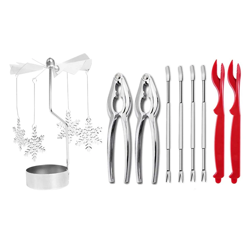 

2 шт. вращающийся подсвечник, вращающийся металлический подсвечник в виде снежинок, карусели, подсвечник для чая, с набором инструментов для морепродуктов