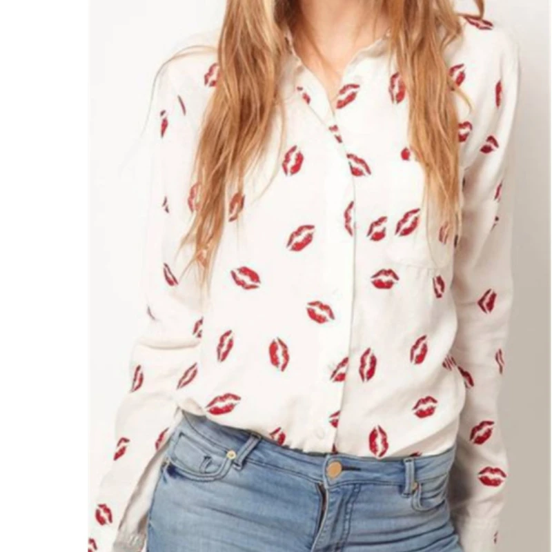 

Blouse 2023 Women's Lapel Long Sleeve Red Lip Printed Chiffon Shirt Blusas Femininas Elegantes Camisas De Mujer Chemise Femme