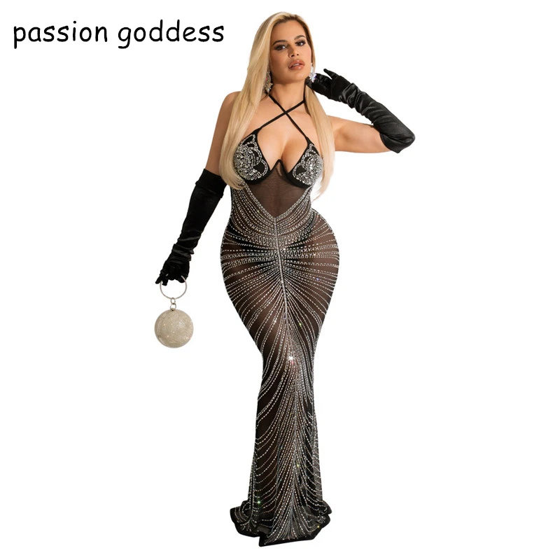 

Летние женские сексуальные длинные платья-Макси с блестками, без бретелек, со стразами, Сетчатое платье-Русалка длиной до пола, платья