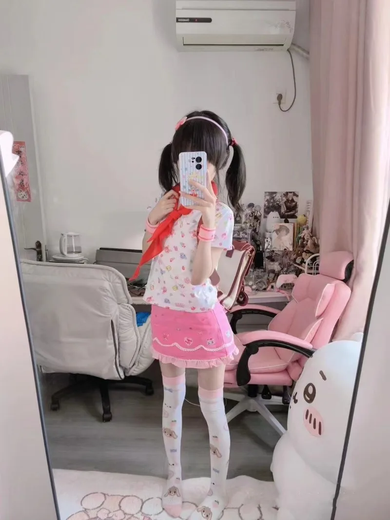 Японская розовая Милая плиссированная юбка с бантом и мультяшным Кроликом