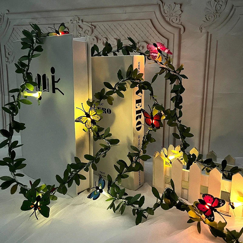 

1.95/2M LED Butterflies Light String Artificial Plant Green Leaves Garland DIY Wedding Decoration Home Wall Hanging Fake Wreath