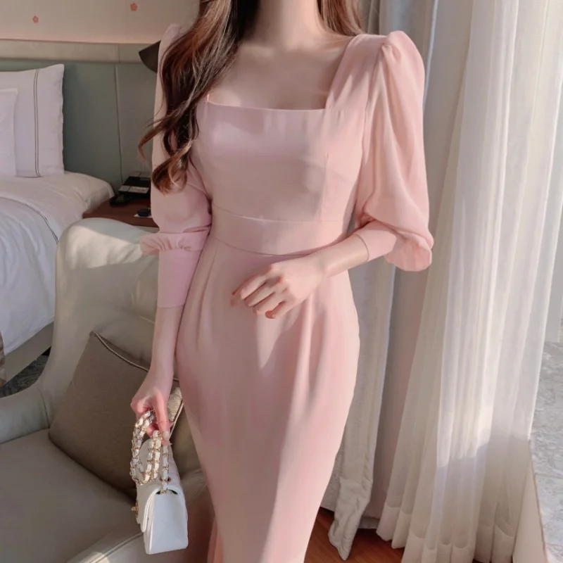 

Korea Square Neck Bandage Trumpet Mermaid Chiffon Dresses for Women Elegant Puff Sleeve Solid Bodycon Dress Spring 2023 Clothing