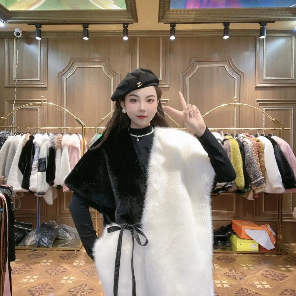 2022 Winter Coat Women New Fashion Faux Fur Coat Loose Slimming Temperament Contrast Color Warm All-Matching Ladies Fur Jacket