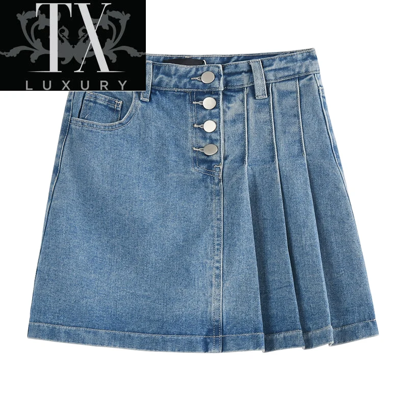 

Stylish Ruched Asymmetrical Mini Jeans Women Summer Korean High Waist Button Denim Skirt Female Casual Streetwear