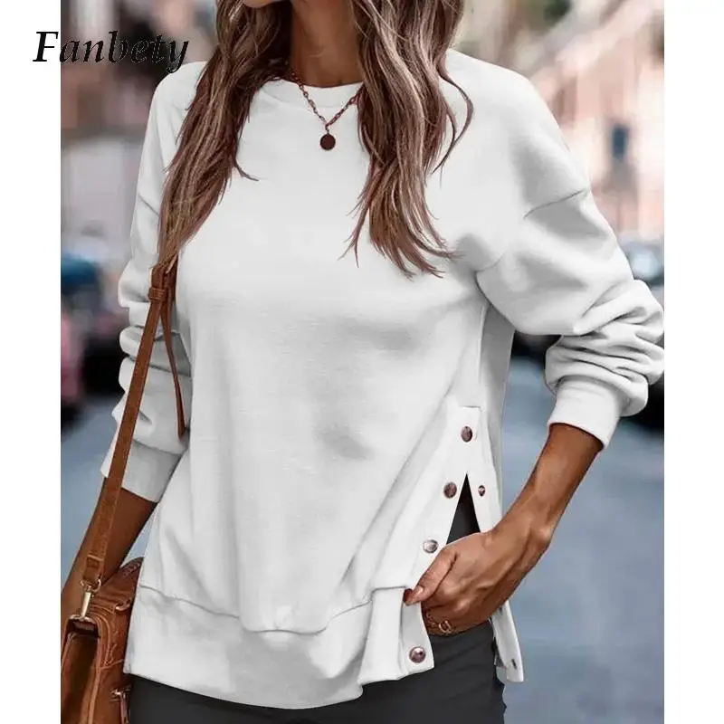 

Harajuku Casual Lady Loose Hoodie Sweatshirt Autumn Women Solid Color O Neck Long Sleeve Pullover Chic Fashion Rivet Split Tops