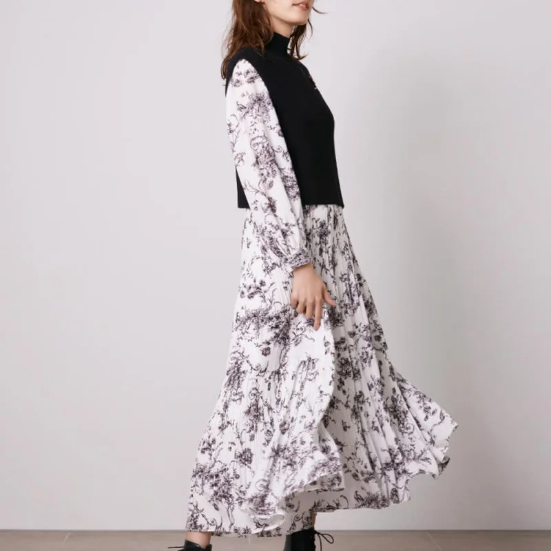 

CINESSD 2022 Autumn New Women Robes Japanese Fresh Vestidos Half High Collar Printed Pleated Dresses Knit Drawstring Vest Suits