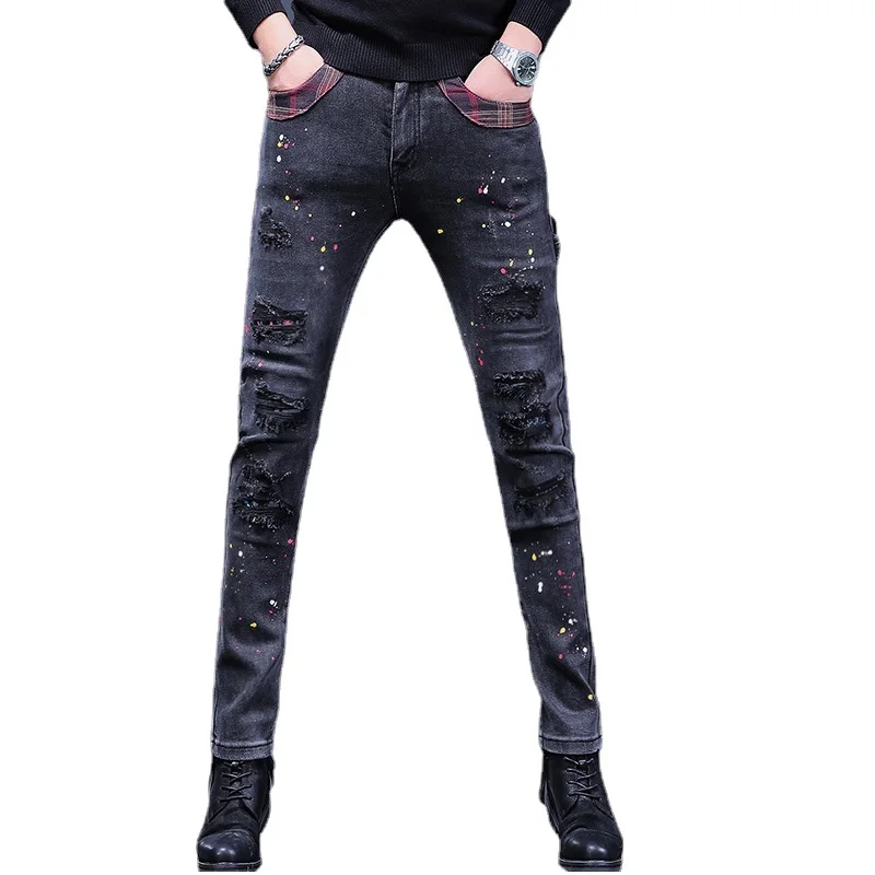 Men Ripped Patches Black Gray Jeans Autumn Slim Fit Mens Pants Fashion Dots Printed Plaid Patchwork Stretch Denim Trousers