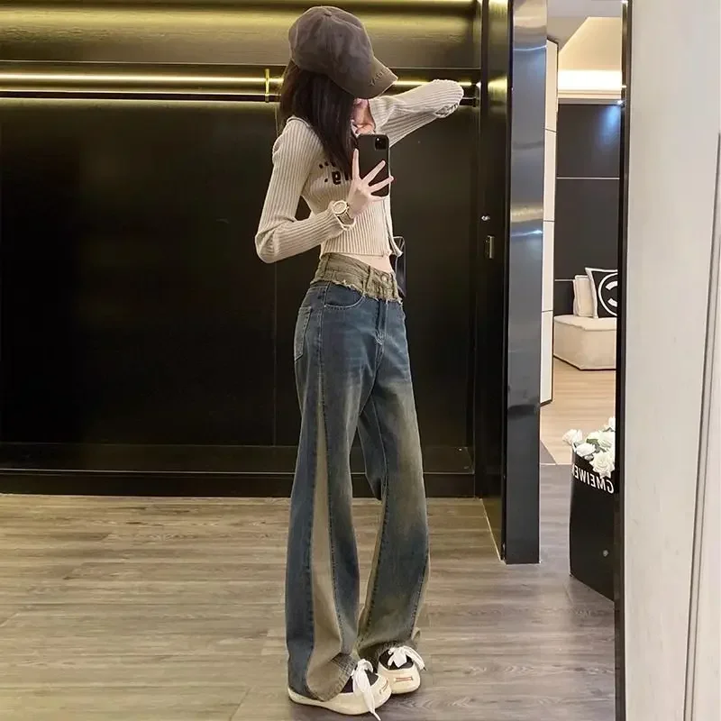 Брюки-клеш контрастных цветов женские расклешенные джинсы с высокой талией