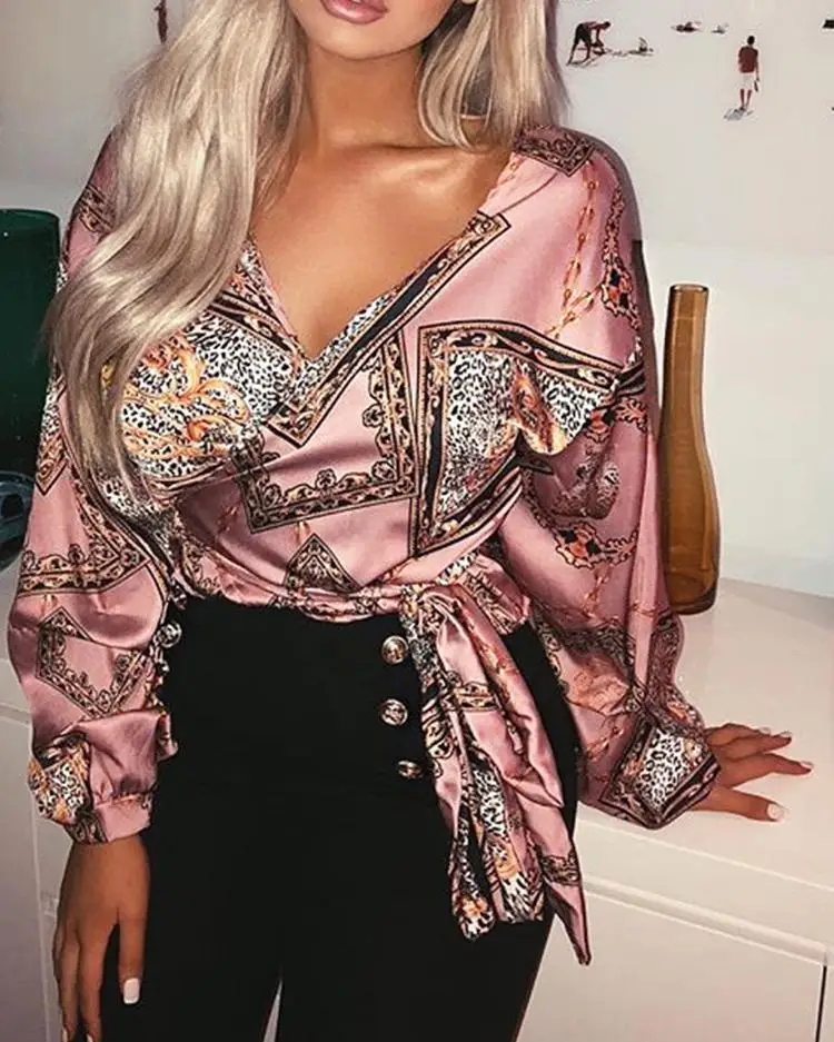 

2023 Ninimour Women Vintage Tie Waist Bishop Sleeve Wrap Blouse