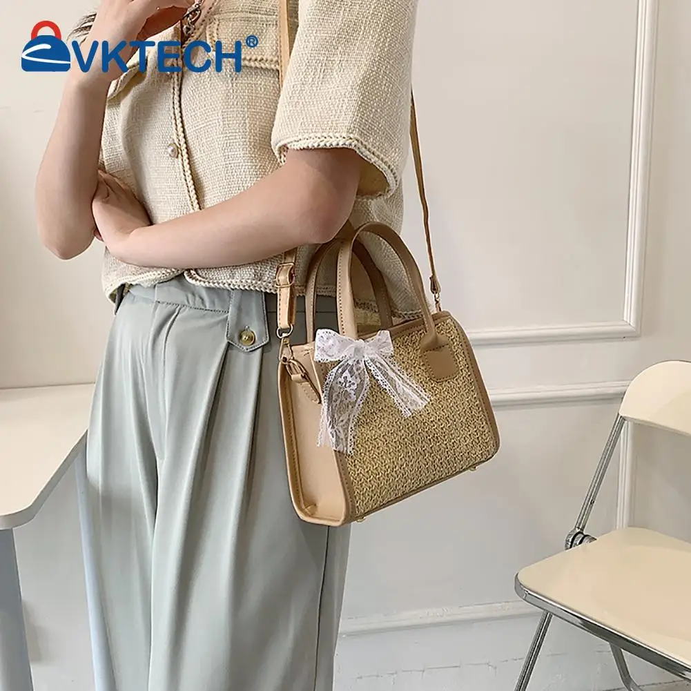 

Straw Woven Shoulder Bag Summer Beach Lace Splicing Women Shopping Purse Beach PU Leather Totes Handbags Travel Crossbody Bags