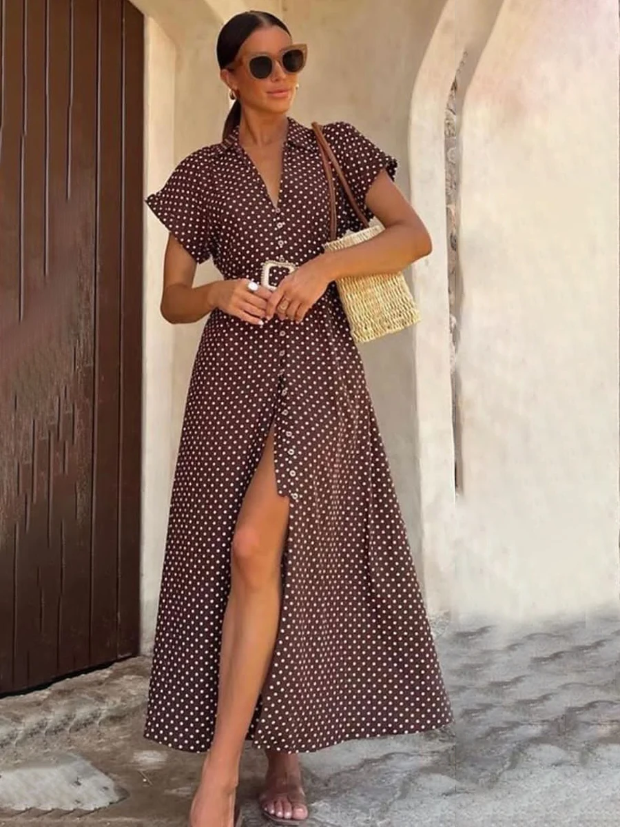 

Dot Print France Elegant Midi Dress with Belt Single Breasted V-Neck Short Sleeve Vintage Vestidos Woman Summer Classic Dresses