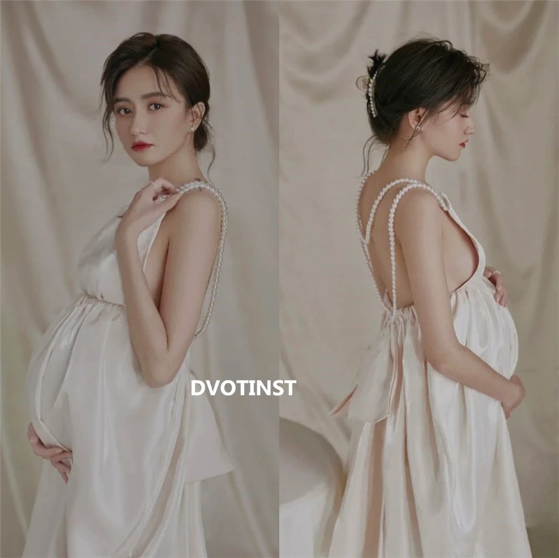 Dvotinst Women Photography Props Maternity Dresses Sleeveless Backless Pearl Pregnancy Dress Studio Photoshoot Photo Clothes