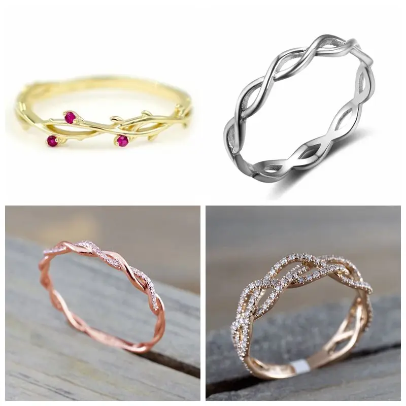 

New Trendy Twist Geometric Ring Zircon Paved Thin Wedding Ring Fashion Lady Luxury Cutout Design Engagement Rose Gold Ring