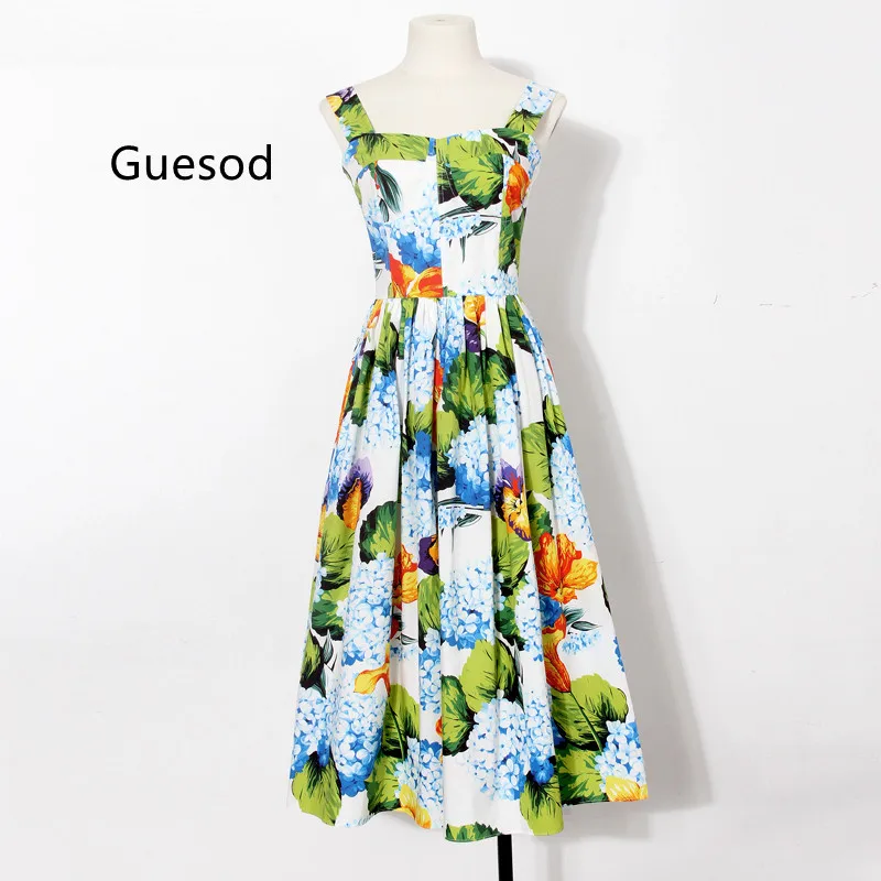 

Guesod Women Cotton Dress Spaghetti Strap 2022 Female Summer Designer 100% Cotton Embroidery Hydrangea Heart Collar MediumLength