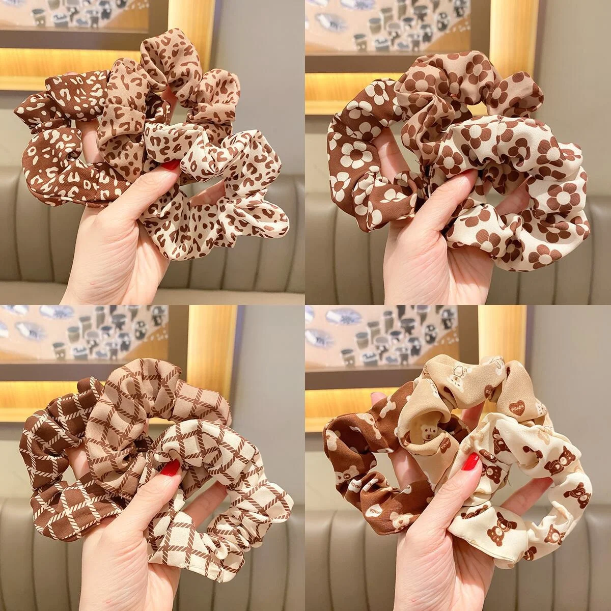 

Korean Light Luxury Milk Tea Color Leopard Bear Dot Flower Smile Face Elastic Hair Band Tie For Woman Female Cute Accessories