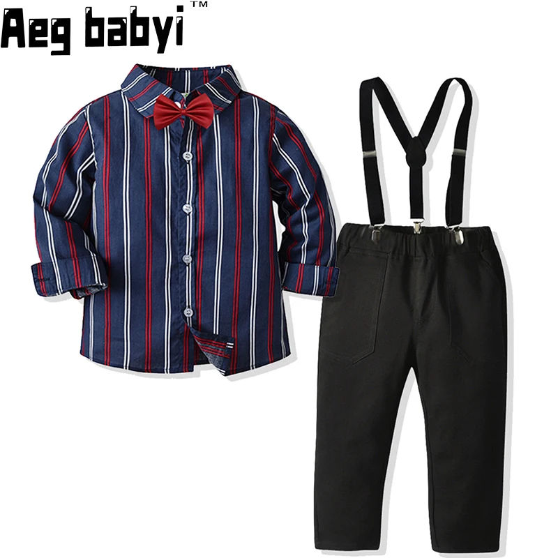 

Toddler Kids Boys Formal Clothing Set Boy Gentleman Long Sleeve Stripe Bowtie Shirt Tops +Suspenders Pants Outfit Party Dress