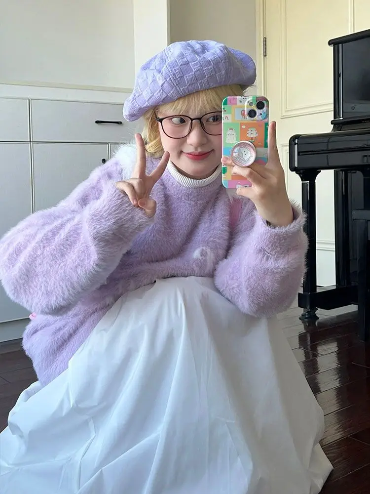 ight женский фиолетовый вязаный свитер из мохера с круглым вырезом и вышивкой букв