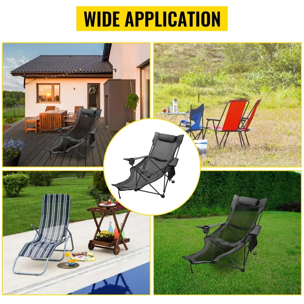 

Folding Camp Chair 330 lbs Capacity w/ Footrest Mesh Lounge Chair, Cup Holder and Storage Bag, Gray