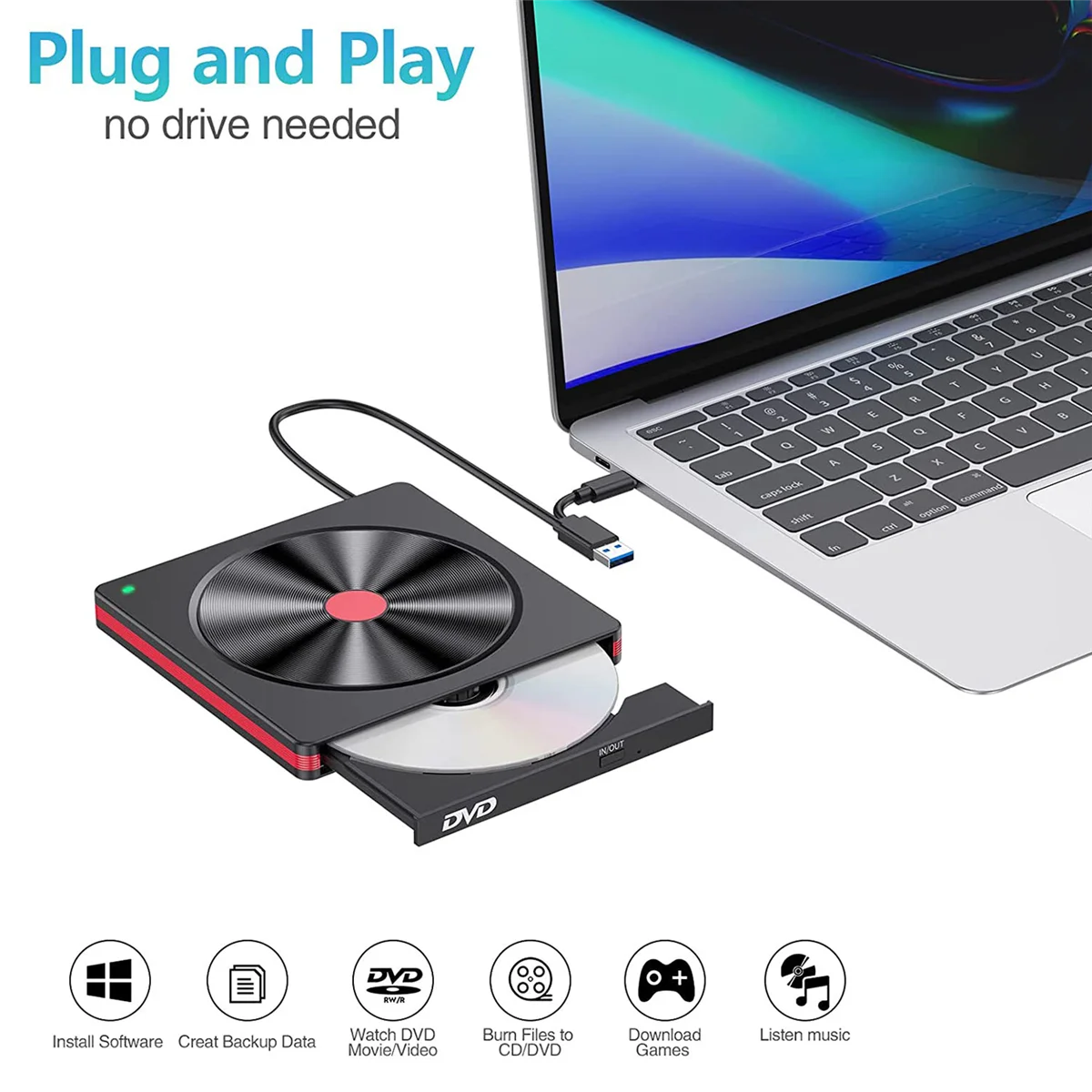 

External CD DVD Drive,USB 3.0 DVD/CD ROM Reader Writer Burner for Laptop Desktop PC Windows 11/10/8/7/XP OS Linux