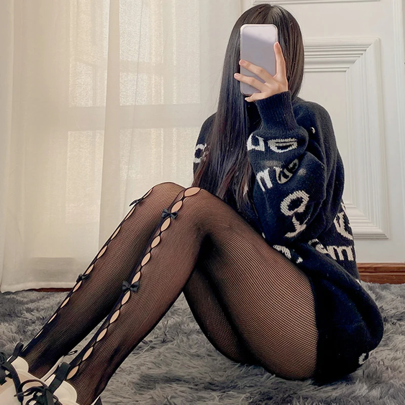 

Новинка 2022, ажурные колготки с бантом, пикантные тонкие летние осенние кружевные колготки, черные белые шелковые чулки в сеточку для женщин