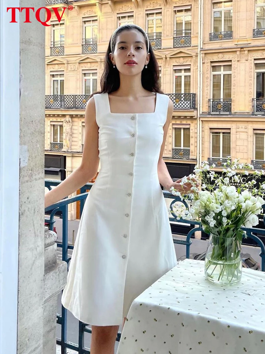 TTQV Summer Square Collar Office White Dress Woman Elegant Bodycon Sleeveless Mini Dresses Casual Single-breasted Female Dress