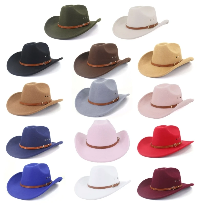 

Western Style Woolen Felt Cowboy Hat Women Men Wide Brim Outdoor Fedora Cap with Buckle Belt Solid Color Travel Cowgirl Hat