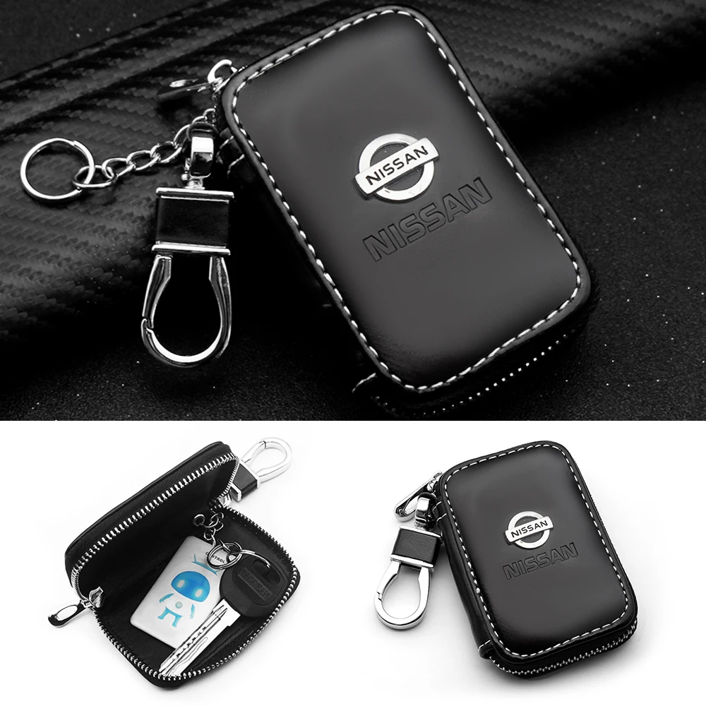 

General Car Key Case Leather Zipper Keychain Wallets Keyring Bag Accessories For Nissan Tiida Juke Maxima X-trail Qashqai Micra