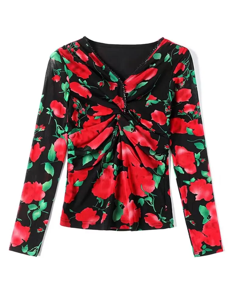 Женская футболка с длинным рукавом и V-образным вырезом