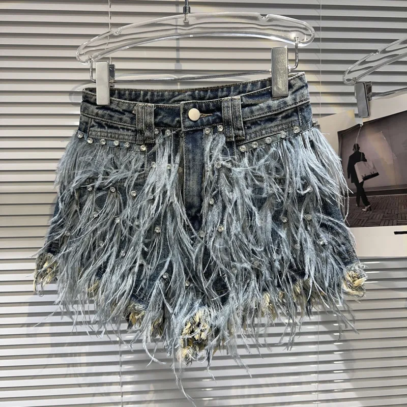 

PREPOMP Autumn New Collection Rhinestone Embroidered Beadings Feathers Tassel Vintage Blue Denim Shorts Women Short Jeans GK474