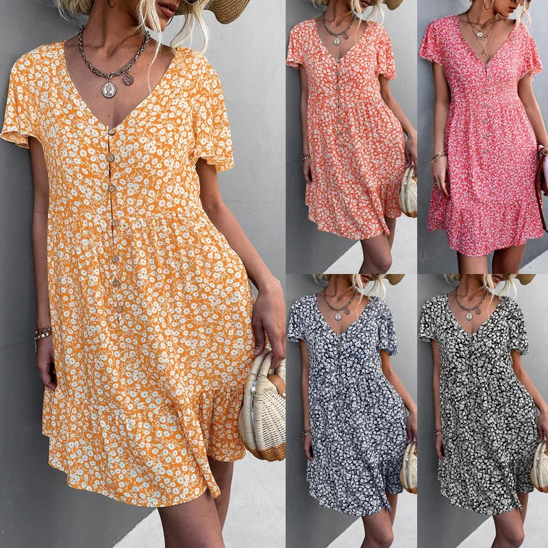 

Spring and summer 2023 single breasted V-neck floral dress short skirt for women