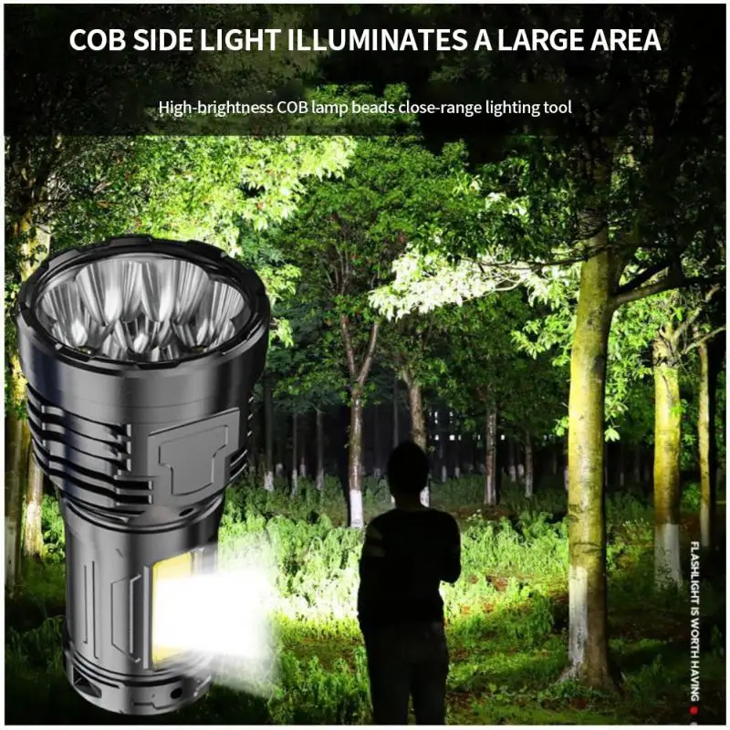 

200M Long Range LED Flashlight USB Rechargeable Flashlights Waterproof Torch With COB Side Light Built-in Battery Cable