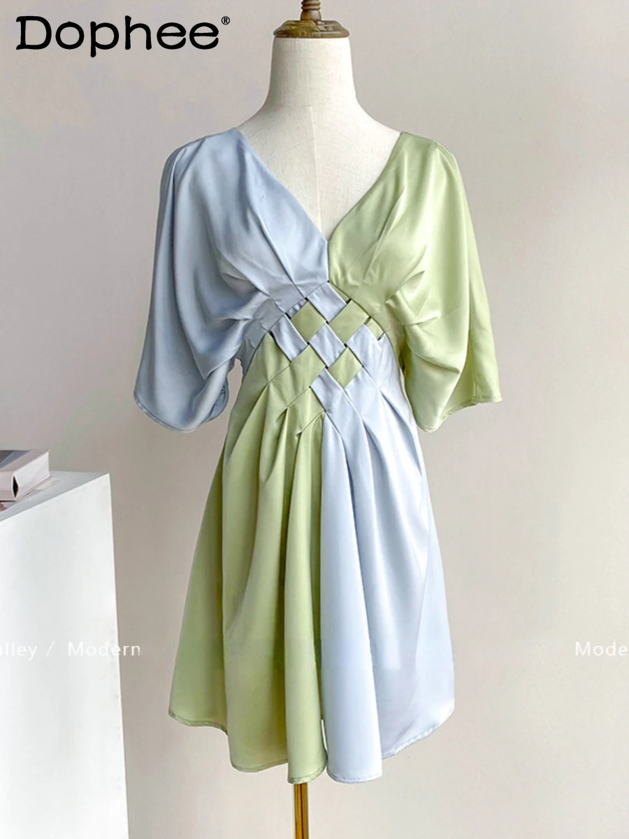 

French High-End Contrast Color Asymmetric Midi Dress Women High Waist Slimming Batwing Short Sleeve Dress 2022summer New Vestido