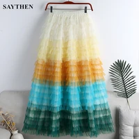 saythen spring new gradient rainbow cake fluffy mid length large swing a line skirt skirt women