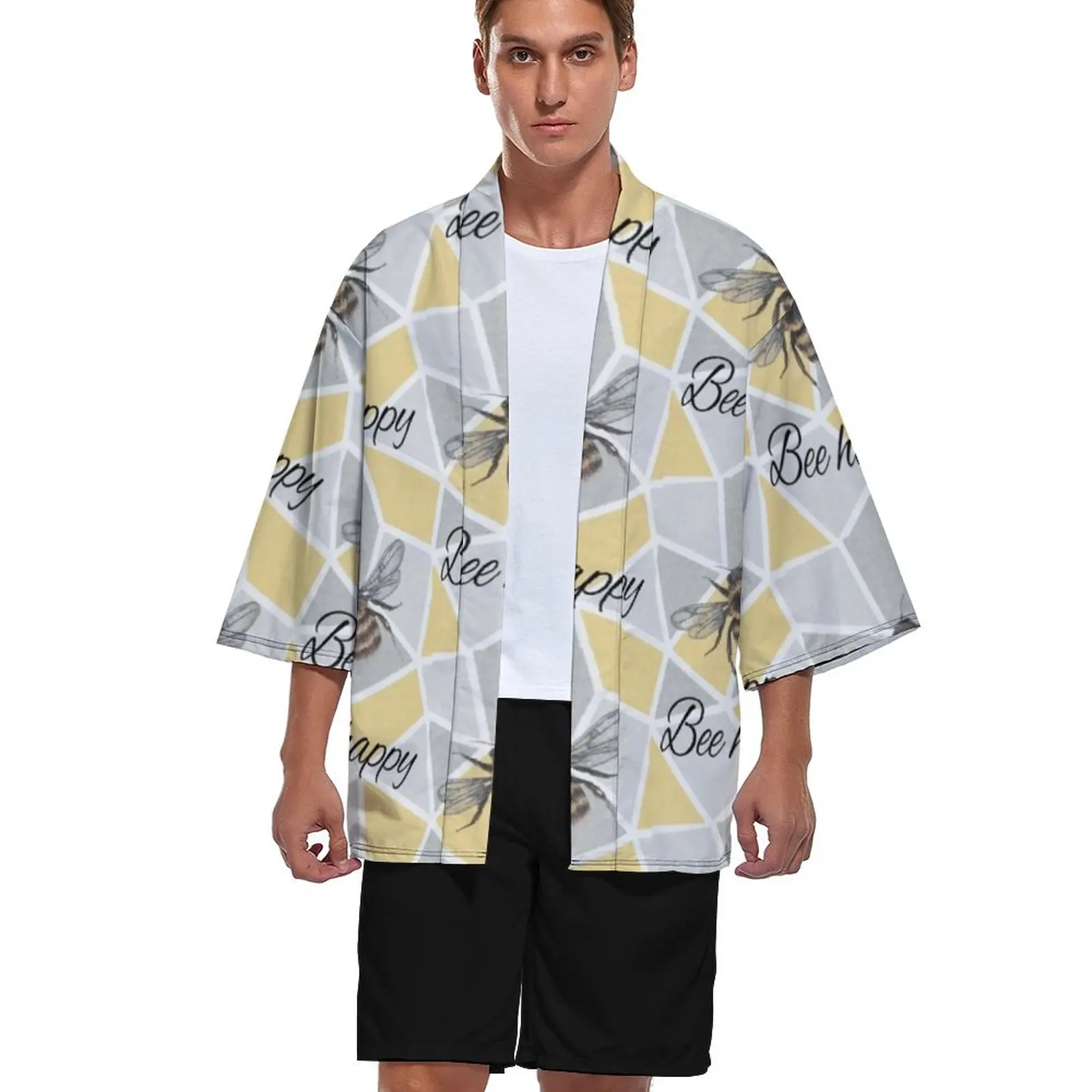 

Кимоно шмеля, кардиган с геометрическим рисунком пчелы, счастливая крутая графическая рубашка, большие размеры, мужские рубашки