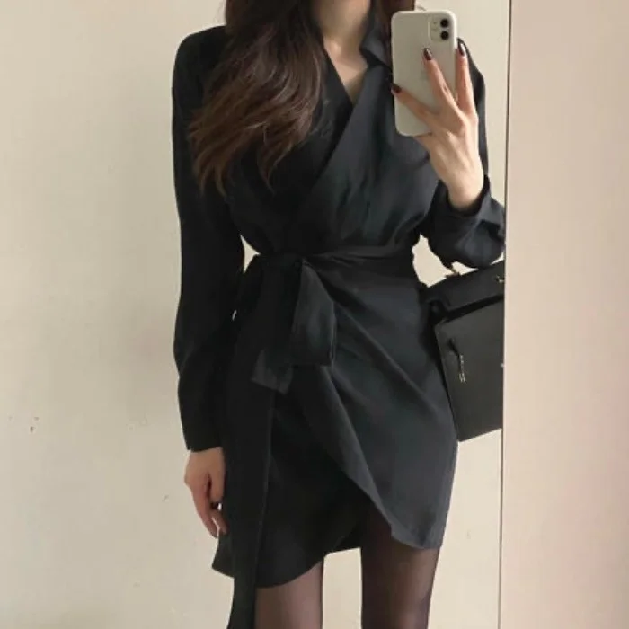 

Женская юбка-рубашка корейский шик новый дизайн чувственный перекрестный бандаж Асимметричная талия средней длины платье с лацканами юбка...