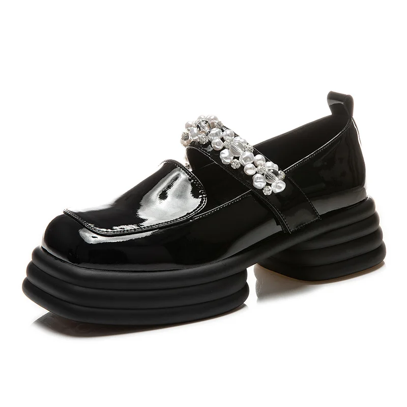 

Genuine Leather Loafers Shoes for Women Pumps 2022 Trend Mary Janes Elegant Medium Heel Party Mirror Luxury Pearl Black Heels 39