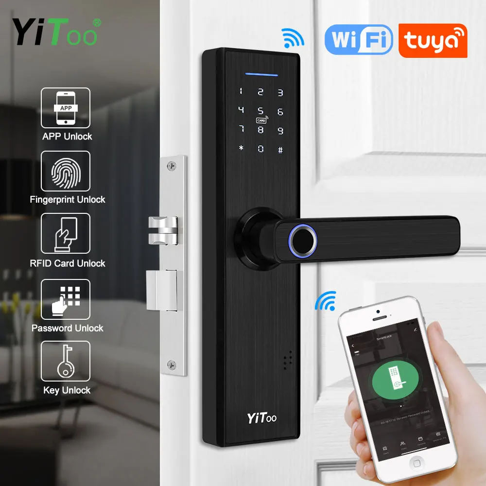 

YiToo X1 Wifi Electronic Door Lock With Tuya APP Remotely / Biometric Fingerprint / Smart Card / Digital Password / Key Unlock