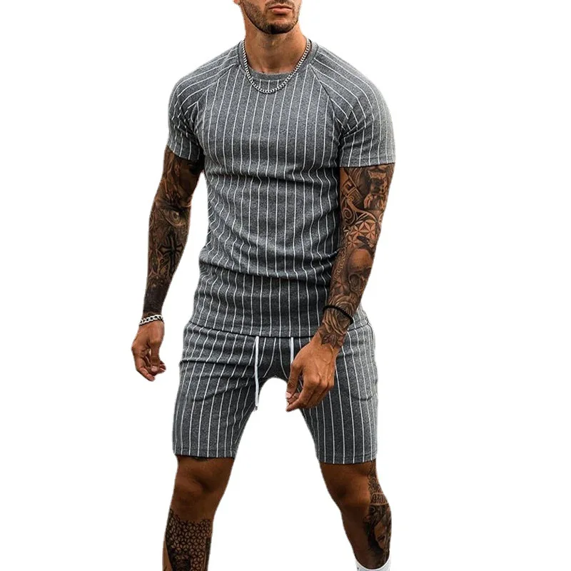 Men's Suit 2023 Summer New Stripe Print Short Sleeve T-shirt and Shorts Two Piece Sets Sports Male Tracksuit Ropa Para Hombre