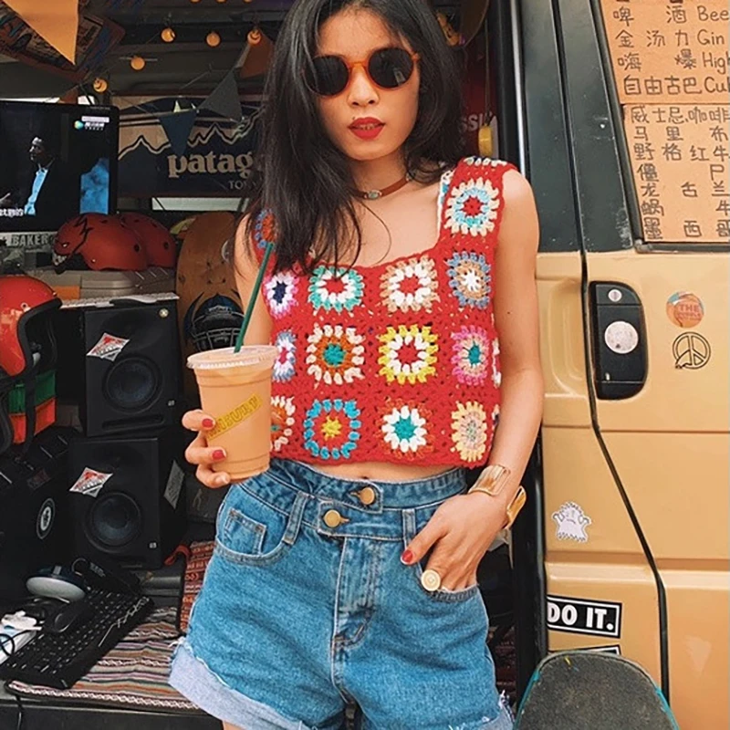 Красочная вязаная майка с крючком и вышивкой в виде скелета женская короткая