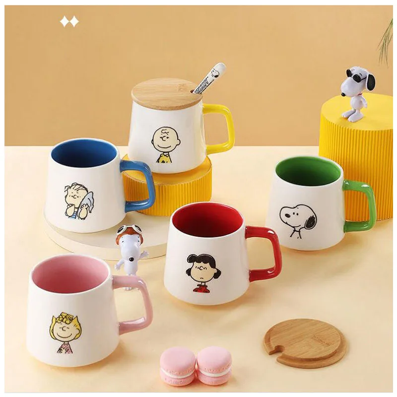 

Anime Cartoon Snoopy Series 320Ml Ceramic Mug Kawaii with Lid Spoon Water Cup Cute Breakfast Milk Cup Office Coffee Cup Gift