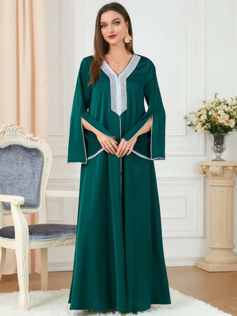 Morocco Party Dress Muslim Women Abaya Prayer Caftan V Neck Diamond Maxi Dresses Robe India Abayas Dubai Longue Vestidos Largos