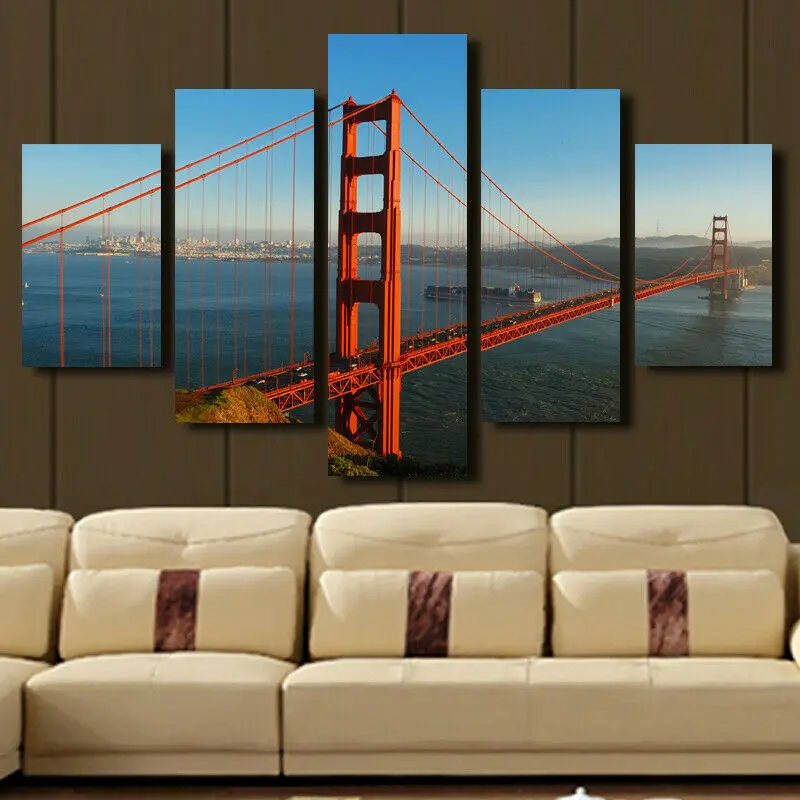 

Настенный постер и печать на холсте для гостиной, картины с изображением золотых ворот и моста, домашний декор, 5 шт.