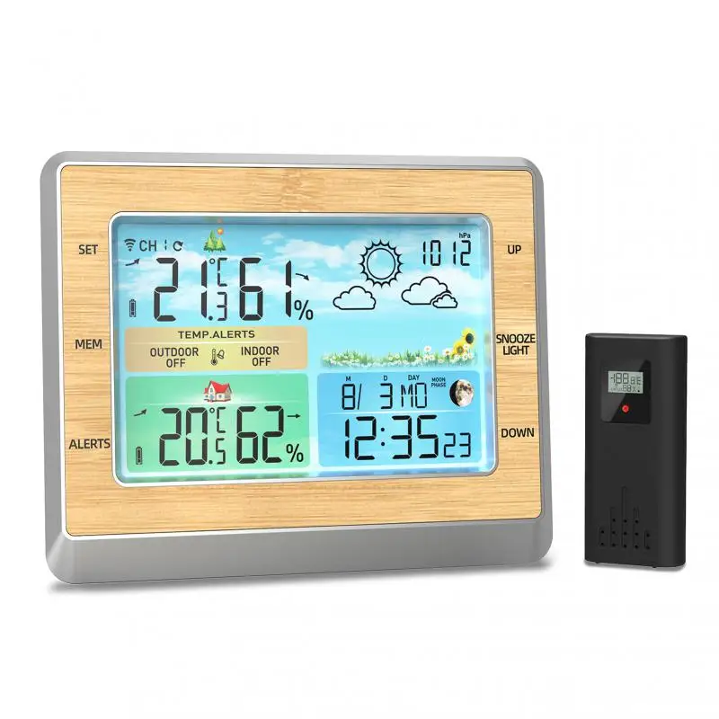 

With Transmitter Digital Hygrometer Indoor Time Weather Station 6 Inch Color Screen Snooze Alarm Clock Rf Wireless Thermometer