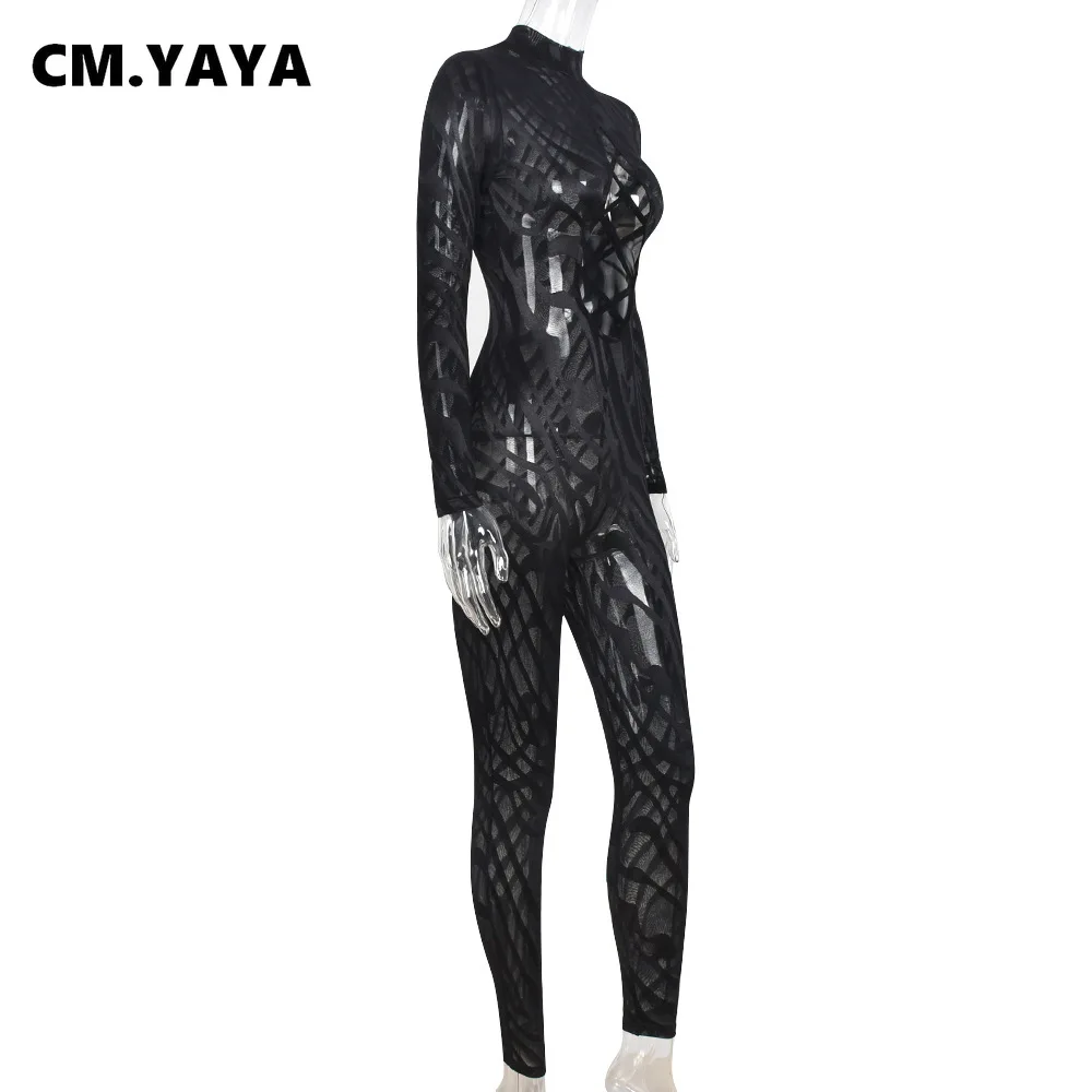 Женский прозрачный сетчатый комбинезон CM.YAYA со шнуровкой открытым спереди и