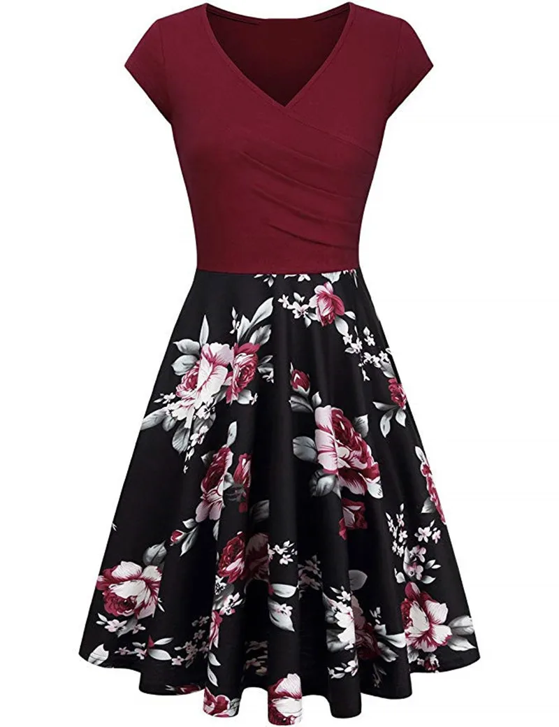 

Casual women's summer floral print slim mini dress 2021 sexy V-neck large swing patchwork retro sun skirt women's large vestidos
