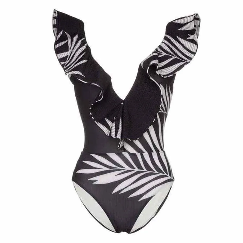 

Слитное бикини с V-образным вырезом и оборками, черного цвета, с открытой спиной, приталенная пляжная одежда, Темпераментная Женская одежда для плавания с высокой талией, мода 2022
